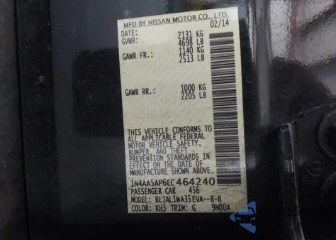 2014 Nissan Maxima S/Sv from USA, damaged, VIN 1N4AA5AP6EC464240